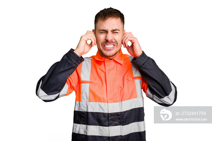 Garbage man cut out isolated covering ears with hands.