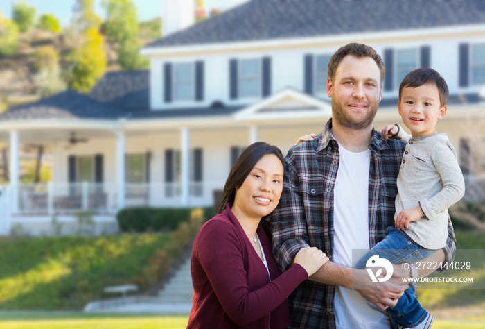 Mixed Race Chinese and Caucasian Parents and Child In Front Yard of New Custom House.