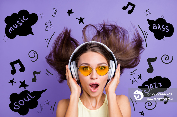 Close-up portrait of nice attractive petty cute cheerful lady yellow eyeglasses eyewear touching ear phones isolated over blue violet purple pastel background