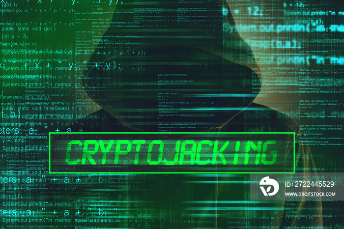 Cryptojacking concept, computer hacker with hoodie