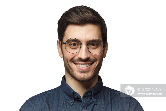 Portrait of smiling handsome man wearing round glasses isolated on white background