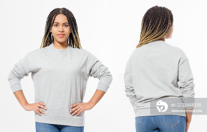 African american girl in template blank sweatshirt isolated on white background. Front and rear pullover view. Copy space and mock up. Place for adverising