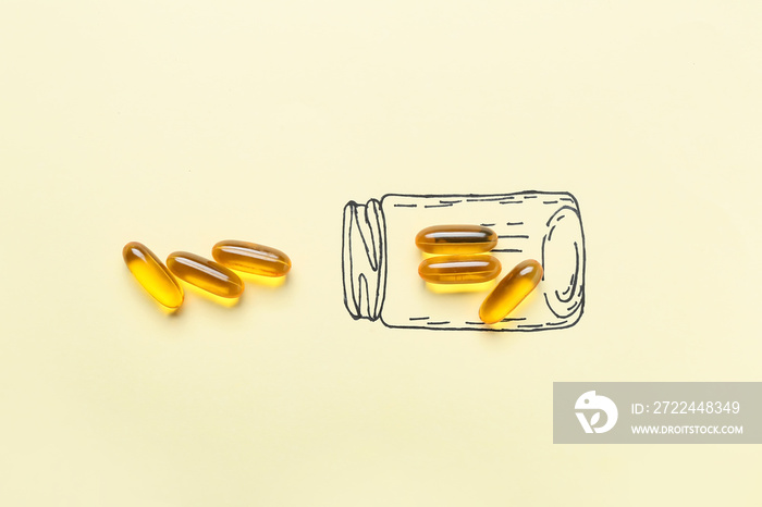 Drawn bottle and fish oil capsules on color background