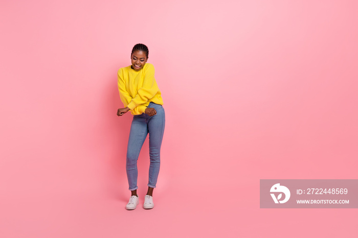 Full body photo of young lovely lady good mood dance hang-out club isolated over pink color background