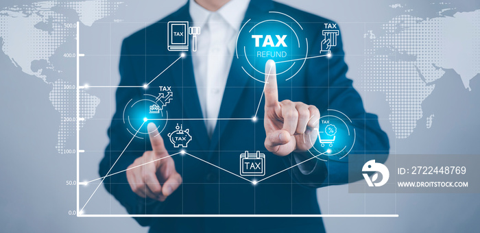 Hand using tablet with bar  TAX REFUND and refund tax of duty taxation business, graphs and chart being demonstrated on the screen media,  tablet pc and selecting tax refund.