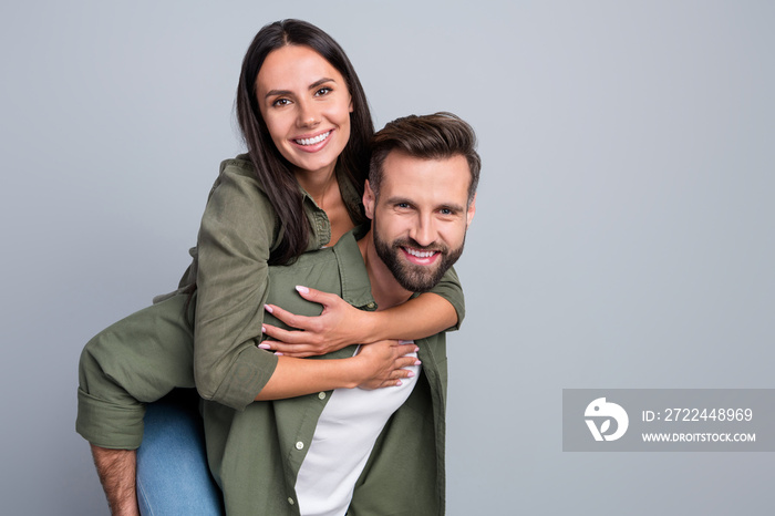 Photo of young husband wife good mood enjoy weekend feelings trust isolated over grey color background