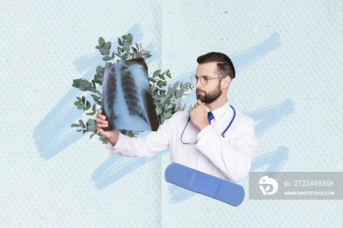 Creative collage image of minded smart doctor hold examine lungs x-ray medical plaster plant leaves isolated on painted background