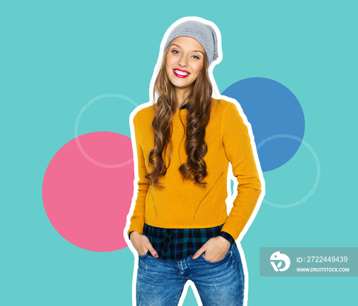 people, style and fashion concept - magazine style collage of happy teenage girl in casual clothes and hipster hat on colorful background