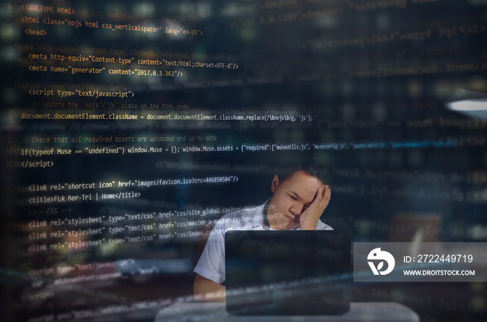 An IT student almost falling asleep at night while writing codes in building a website with random HTML codes surrounding the web designer. Night scenery.