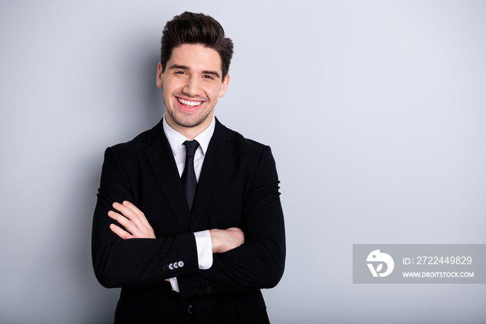 Portrait of handsome relaxed representative feel glad enjoy have fun career concept content dream dreamy independent freelancer wear classic outfit isolated on ashy-gray background