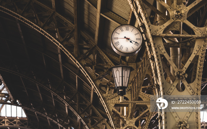 Exterior of the Vitebsky railway station. Saint Petersburg, Russia. Architectural elements, vintage lantern and clock close-up. Travel destinations, landmarks, sightseeing, Russian culture, history