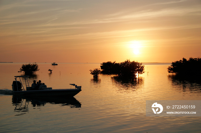 Flats boat returning after a day of fishing, Florida Bay, Islamorada, Florida Keys