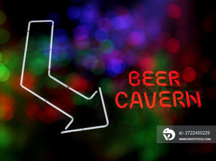 Neon Beer Cavern Sign With Arrow and Bokeh