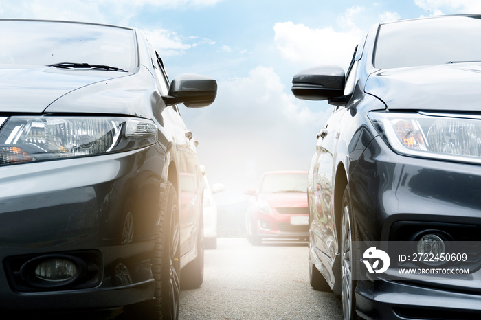 Front of cars arrange to be ready for the competition or road trip. with light.