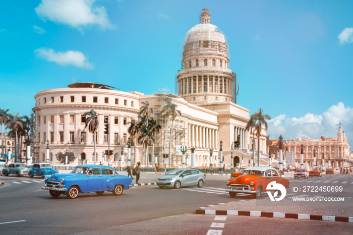 Classic cars in Havana next to the Capitol building