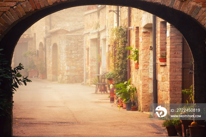 Narrow street of medieval San Quirico d’Orcia city with arch, green plants and cobblestone, travel foggy morning Italy background