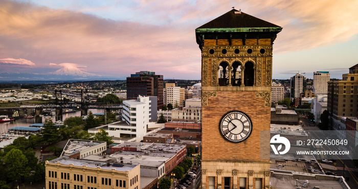 Aerial View City Clocktower in Downtown Tacoma Washington