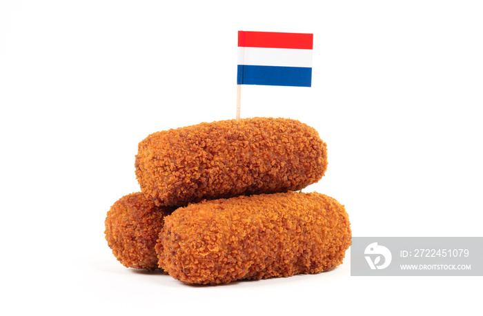 Brown crusty dutch kroketten with dutch flag