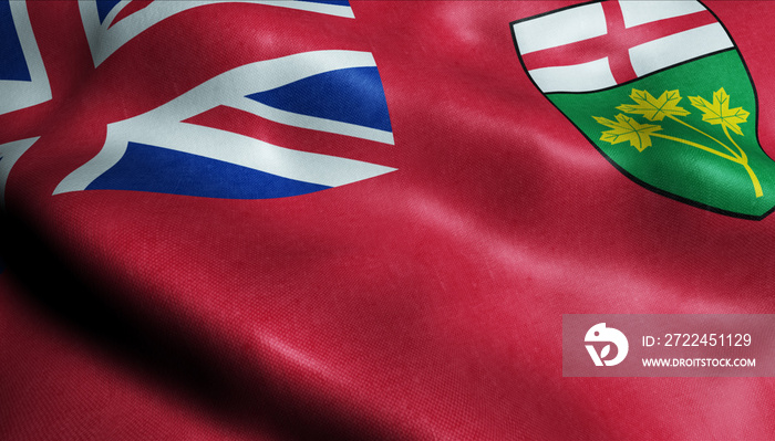 3D Waving Flag of Ontario Province or Territory of Canada Closeup View