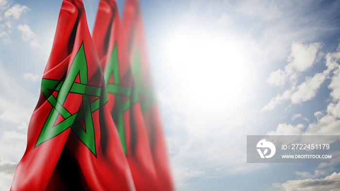 Close up waving flag of Morocco. National Morocco flag in the sky.