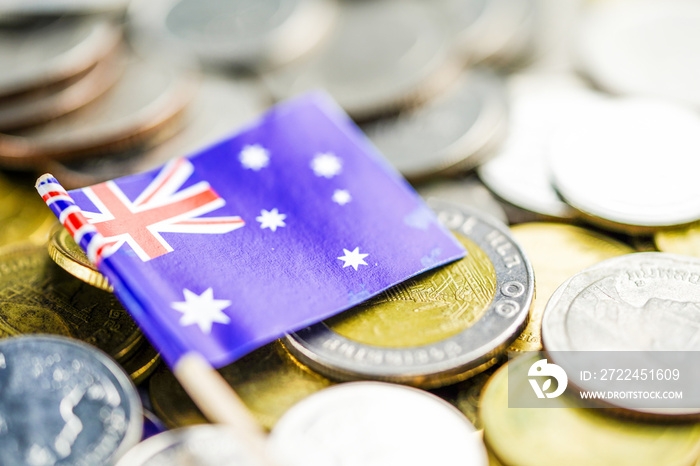 Australia flag on coins : finance investment economy concept