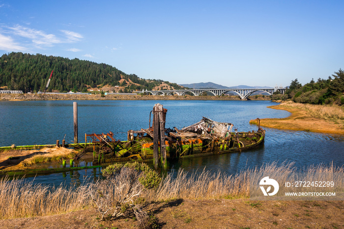 Rusty remains of the whale ship at the mouth of the Rogue River, Oregon