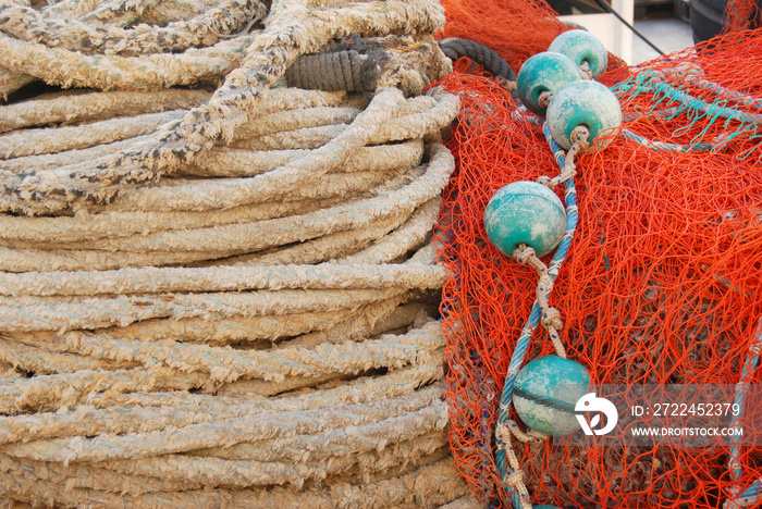 Fishing net and rope on the harbar, colorful image, fishing industry, mediterranean sea, port Tel Aviv Yafo, Israel