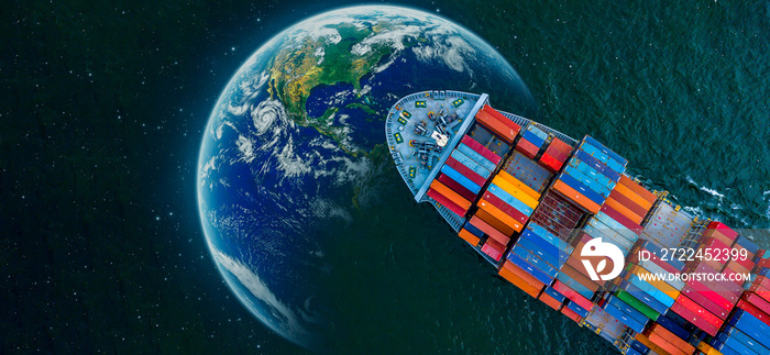 Global business import export logistic and transportation by container cargo ship, Top view container ship with world planet map, Container ship cargo freight shipping delivery network worldwide.