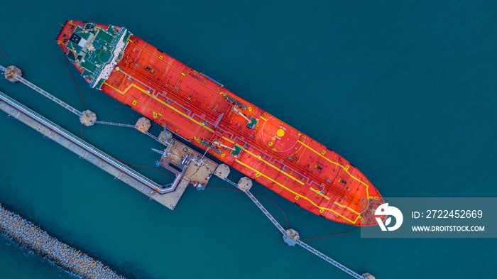 Aerial view of industrial cargo tanker, Aerial viww Oil/Chemical tanker at port.