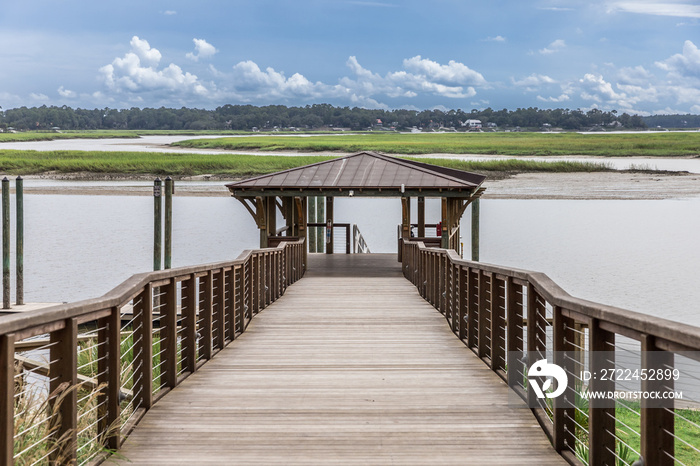 A long view of the pier at Wright family park and Calhoun street dock in Bluffton, South Carolina