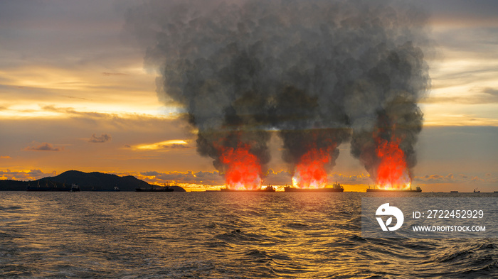 shipping fleet or many large general cargo ship for logistic import export goods the explosion and had fire smoke at the offshore sea horizon with sunset in evening