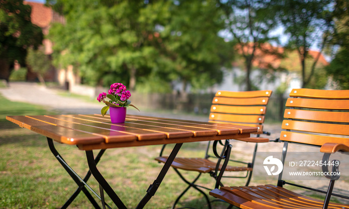 beautiful wooden garden table with a small decoration of flowers