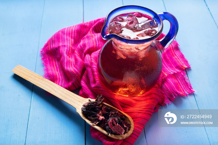 Hibiscus tea also called Jamaica water with dried flowers