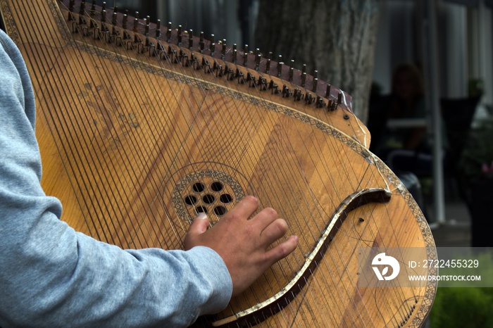 street musician playing the ancient musical stringed instrument bandura