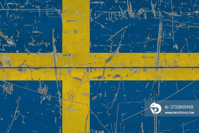 Sweden flag painted on cracked dirty surface. National pattern on vintage style surface. Scratched and weathered concept.