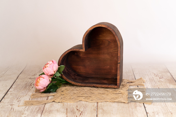 wooden heart with pink flowers newborn prop