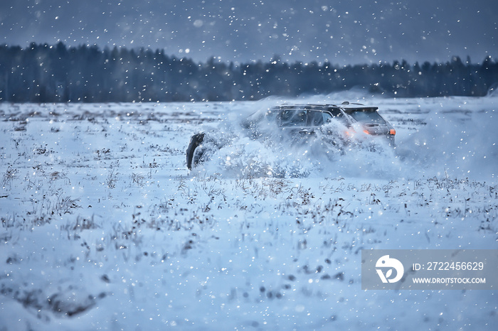 off-road vehicle drift in the snow field adventure winter speed nature