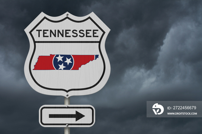 Tennessee map and state flag on a USA highway road sign