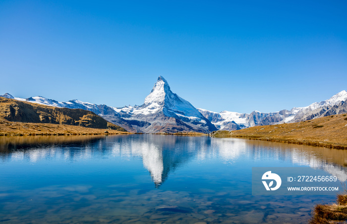 Matterhorn peak reflected in Stellisee Lake in Zermatt, Switzerland.