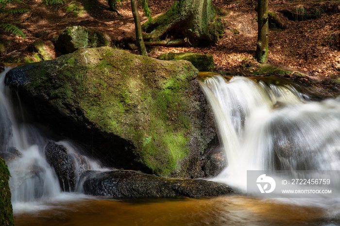 Beautiful green forest landscape with creek and waterfall with slow shutter speed and bright sunlight in the summer. tropical nature background