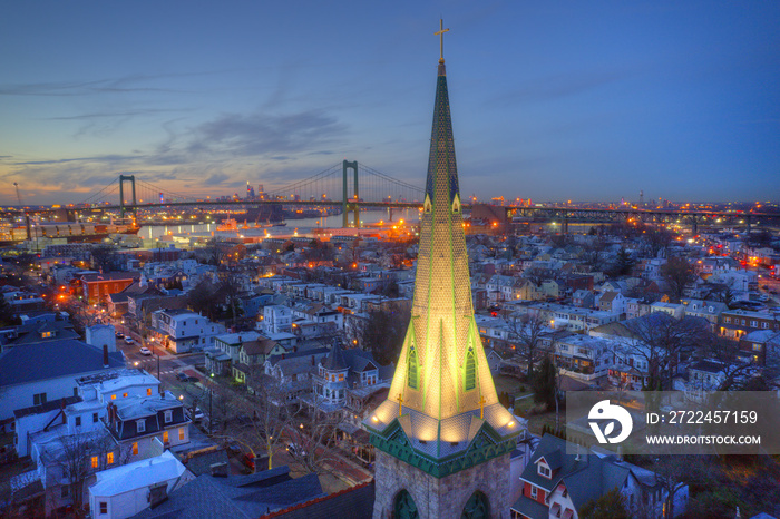 Aerial View of Church Steeple in Riverfront Community