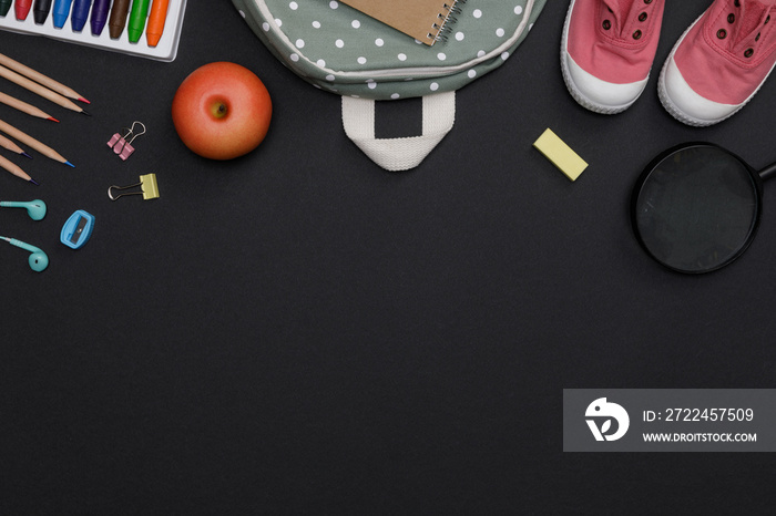 Top view mockup of Education’s accessories with backpack, student books, shoes, colorful crayon, pencil, empty space on blackboard background, Concept of education and back to school