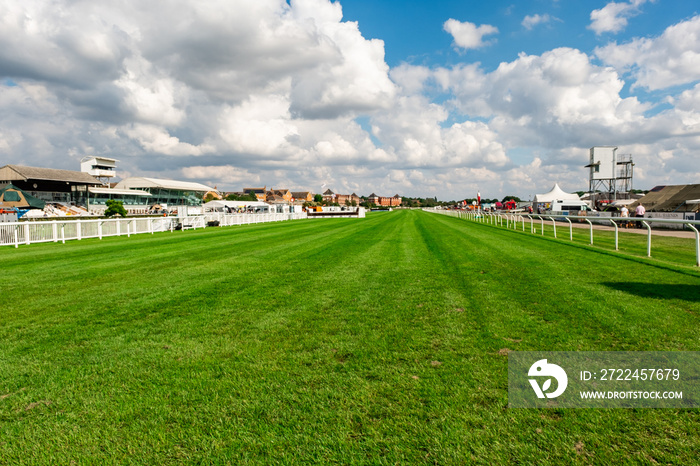 The final furlong and finish straight of Stratford horse racing course. Captured on a bright and sunny day