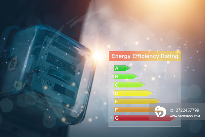 Energy efficiency rating concept, ecological house renovation, Electrical watt-hour meter for customer, Energy consumption, ecological and bio energetic energy class.