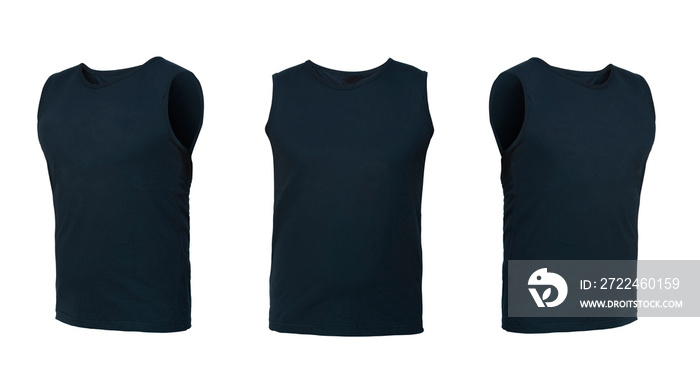 dark blue sleeveless T-shirt. t-shirt front view three positions on a white background