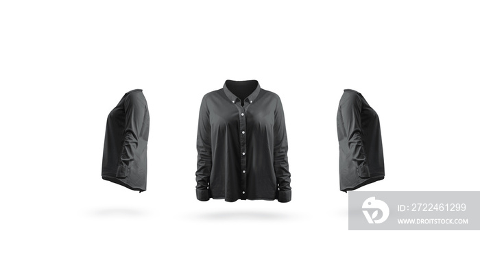 Blank black woman shirt mock up, front and sides, isolated. Empty office jacket with long sleeves mockup. Clear casing with collar uniform template with the right, left and front sides