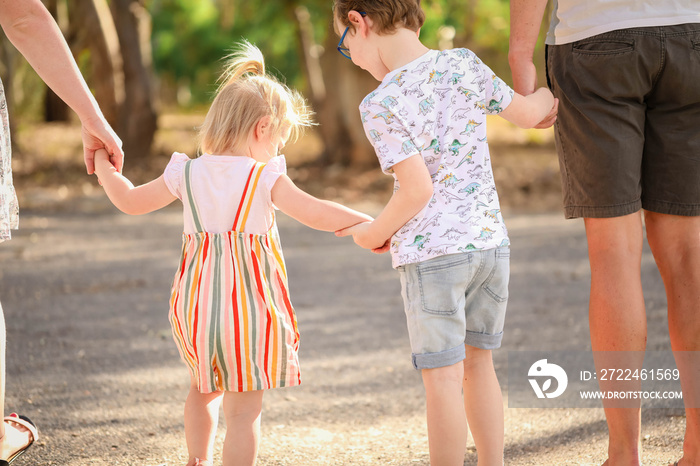 Family of four walking through the bush holding hands in a row