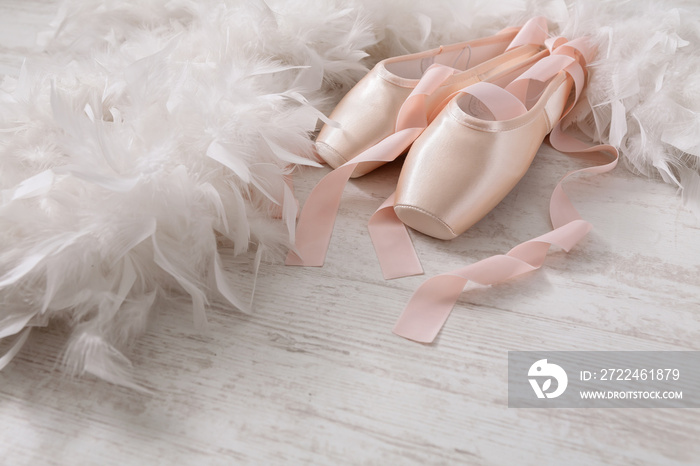 Pink ballet pointe shoes and feather on white wood background