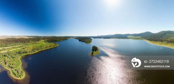 Scenic Panoramic Lake View Landscape of Canadian Nature on a Summer Day. Aerial Drone Shot. Kerry Lake, North of Prince George, John-Hart Highway, British Columbia.