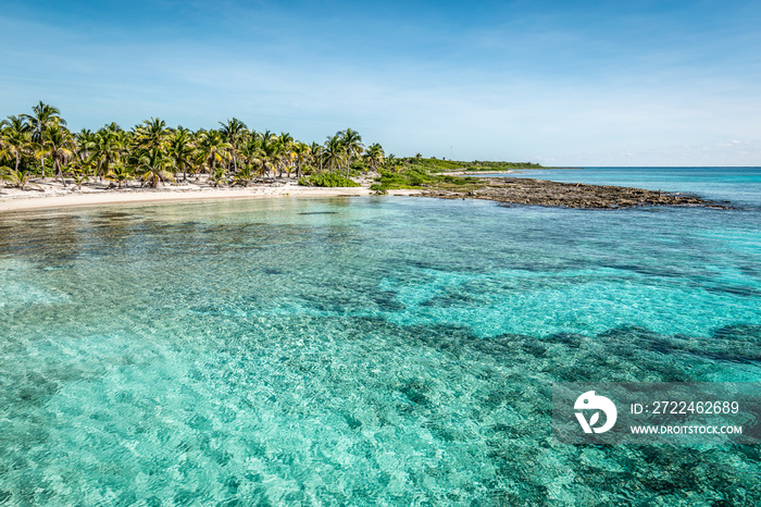 Tropical beach with palm trees and turquoise water at the port of Costa Maya, Mexico.